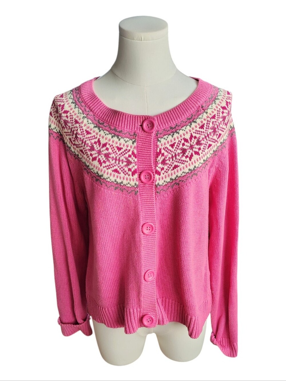 Vintage VanHeusen Barbie Pink Cardigan Large Button Fair Isle Sweater Size Med
